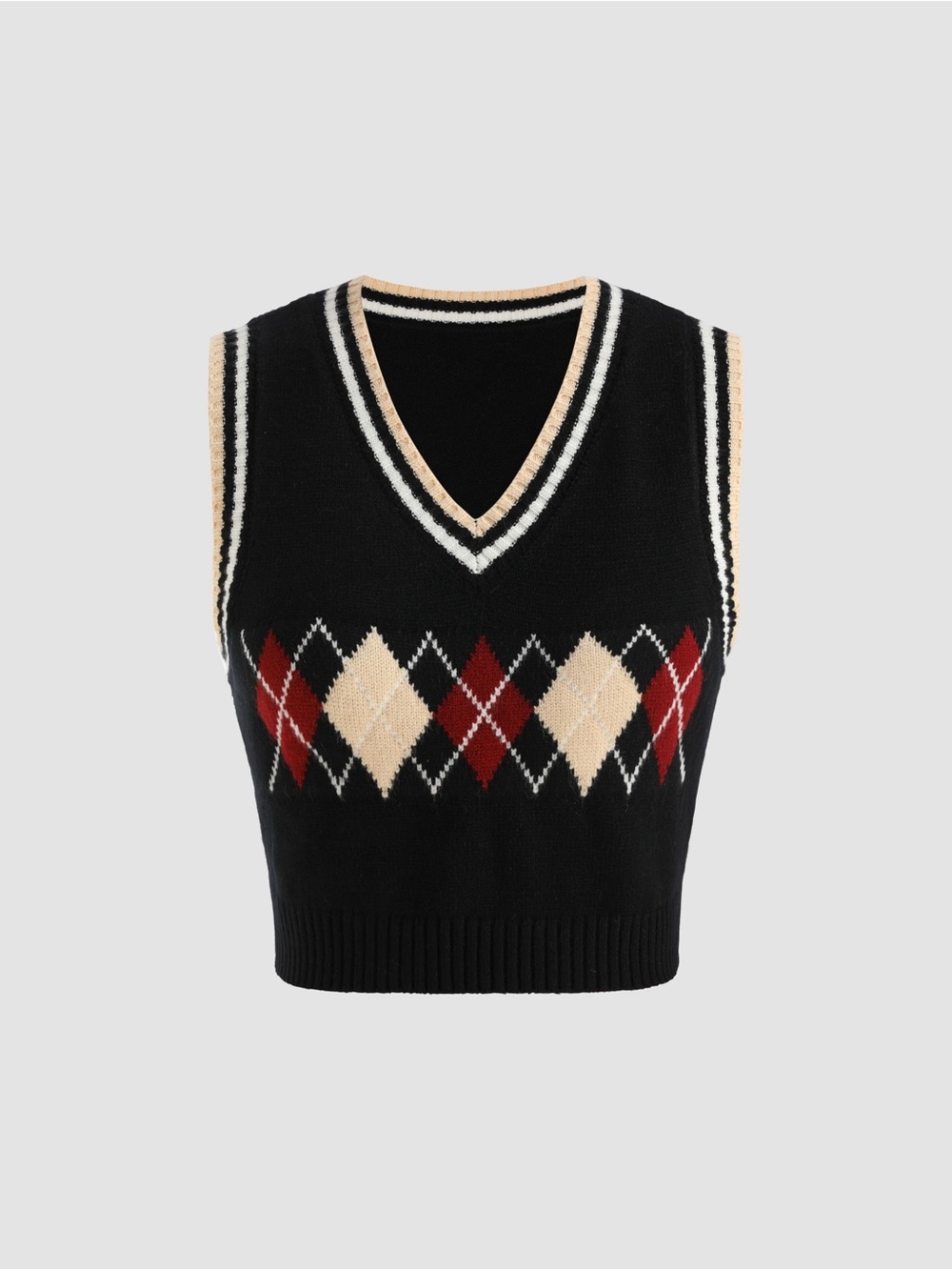 Cider Black Knit Argyle Plaid V-Neck Sweater Vest with Cream and Red Accents Med